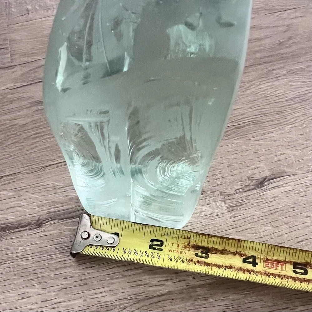 VINTAGE 1978 RM YATES ETCHED GLASS BLOCK‎ PAPERWEIGHT SAILBOAT SIGNED & DATED